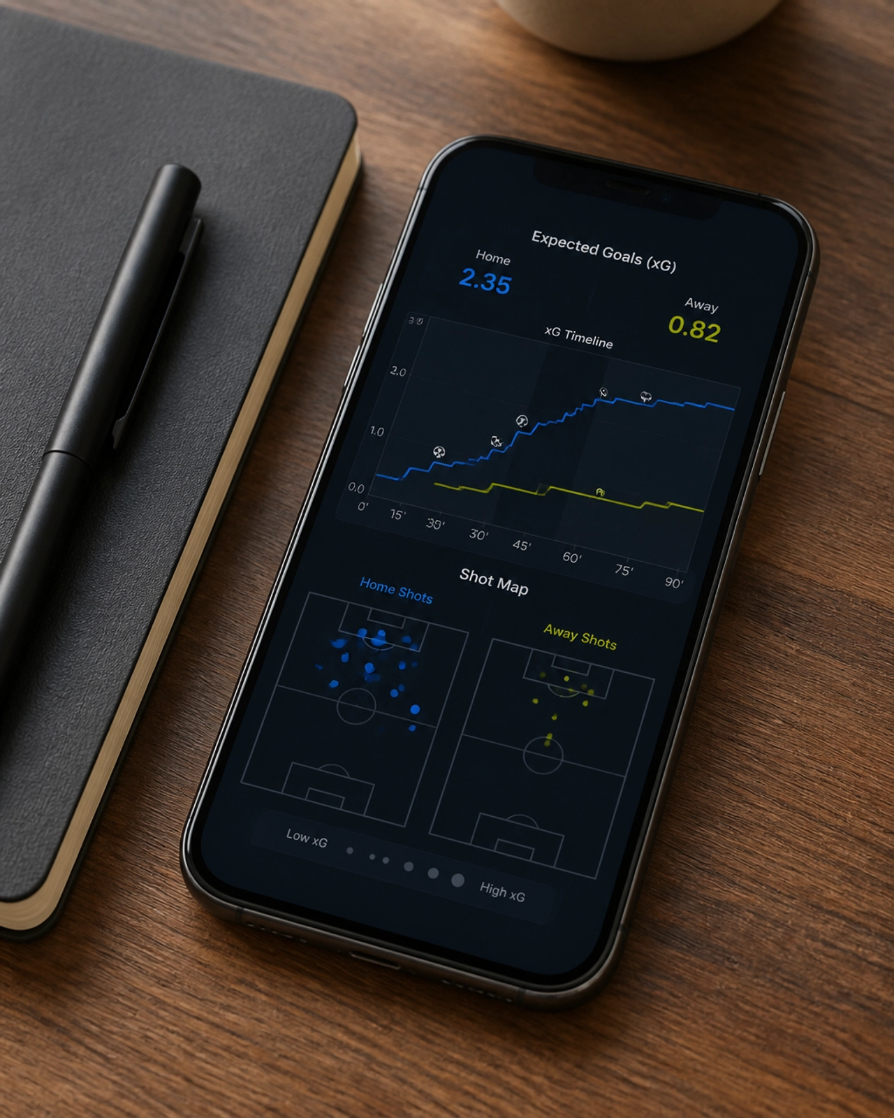 Eine Nahaufnahme eines Smartphones, das detaillierte xG-Statistiken und Spielfeld-Analysen zeigt