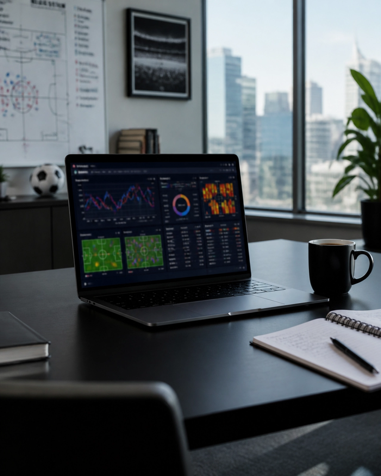 Ein moderner Arbeitsplatz für Datenanalyse mit Laptop, Notizbuch und einer Tasse Kaffee.