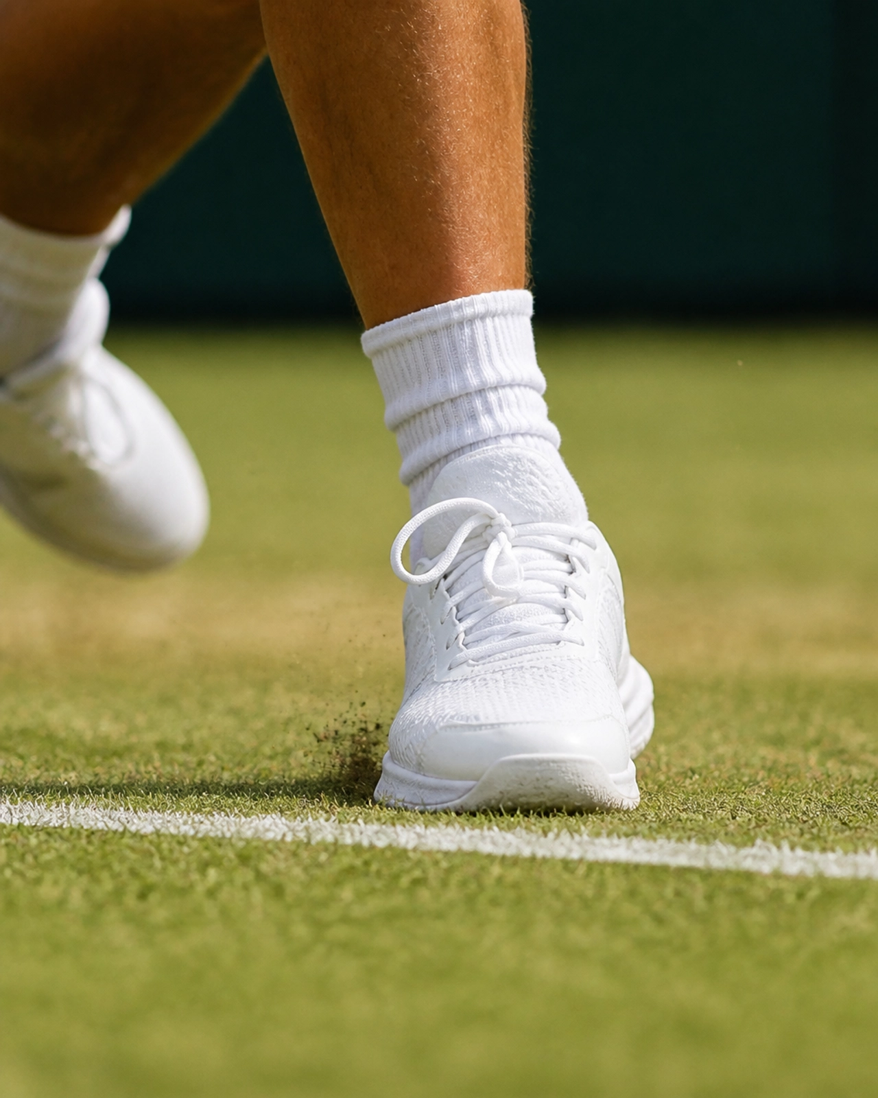 Nahaufnahme von Tennisschuhen auf einem Rasenplatz