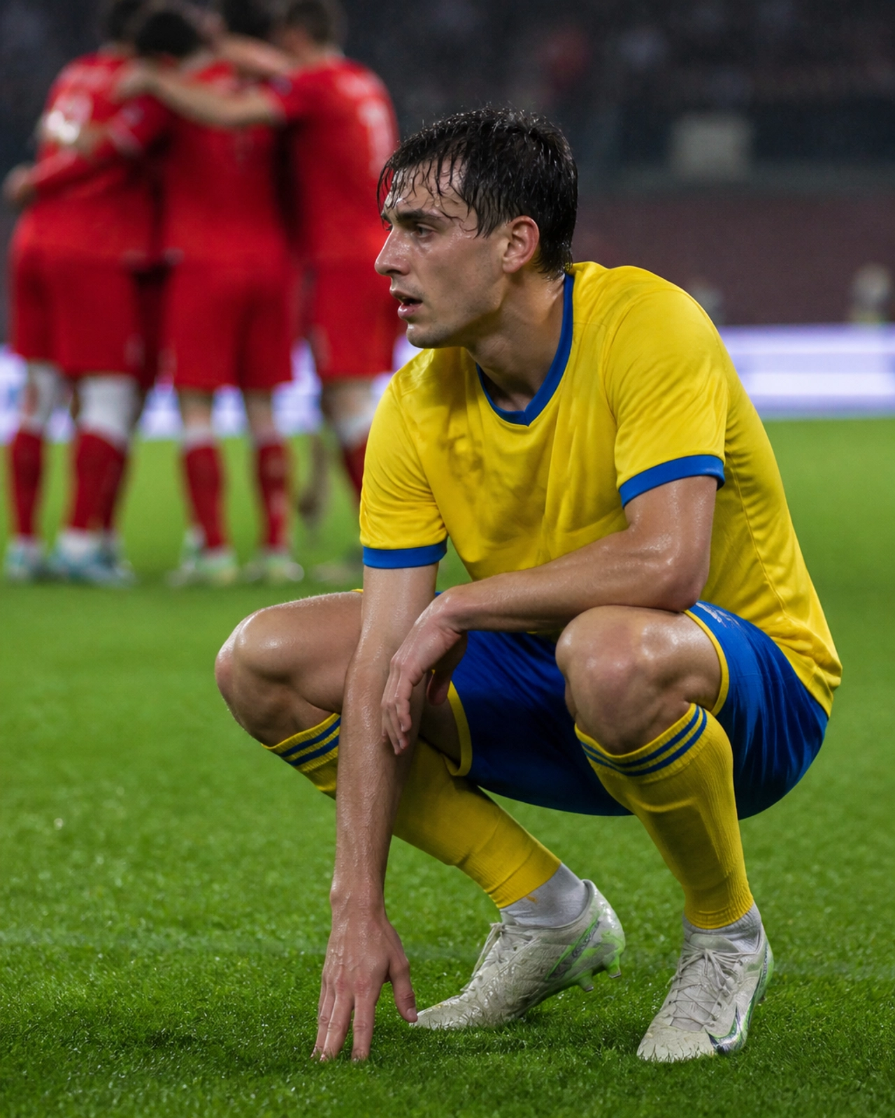 Ein enttäuschter Spieler nach einem unglücklichen Unentschieden auf dem Spielfeld.