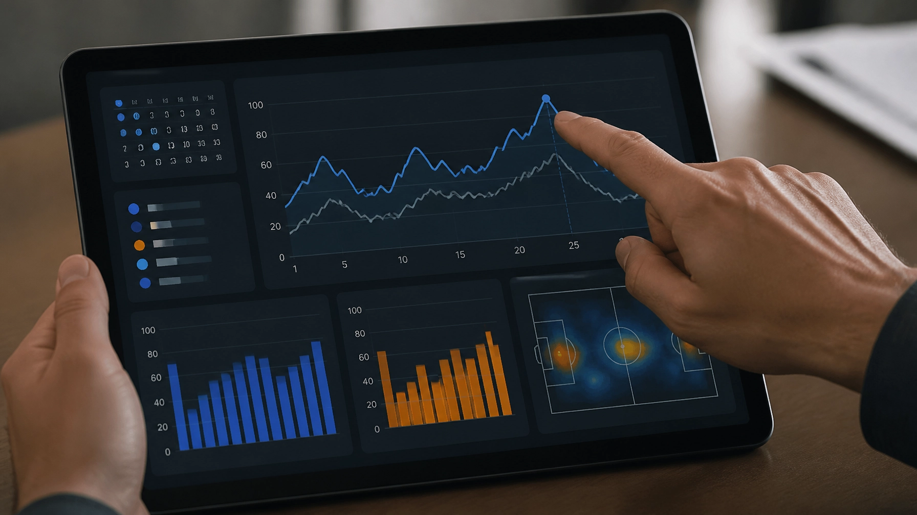Ein Tablet-Bildschirm zeigt komplexe Daten-Charts und Trends zur Analyse von Live-Marktbewegungen.