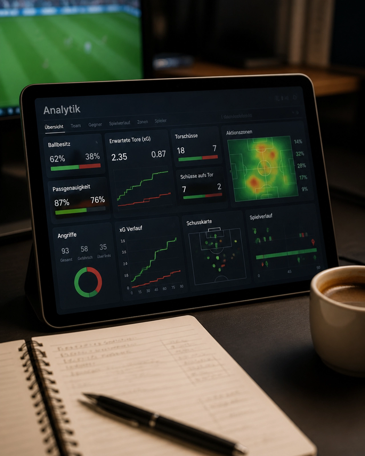 Analysten-Arbeitsplatz mit detaillierten Daten-Visualisierungen auf einem Tablet