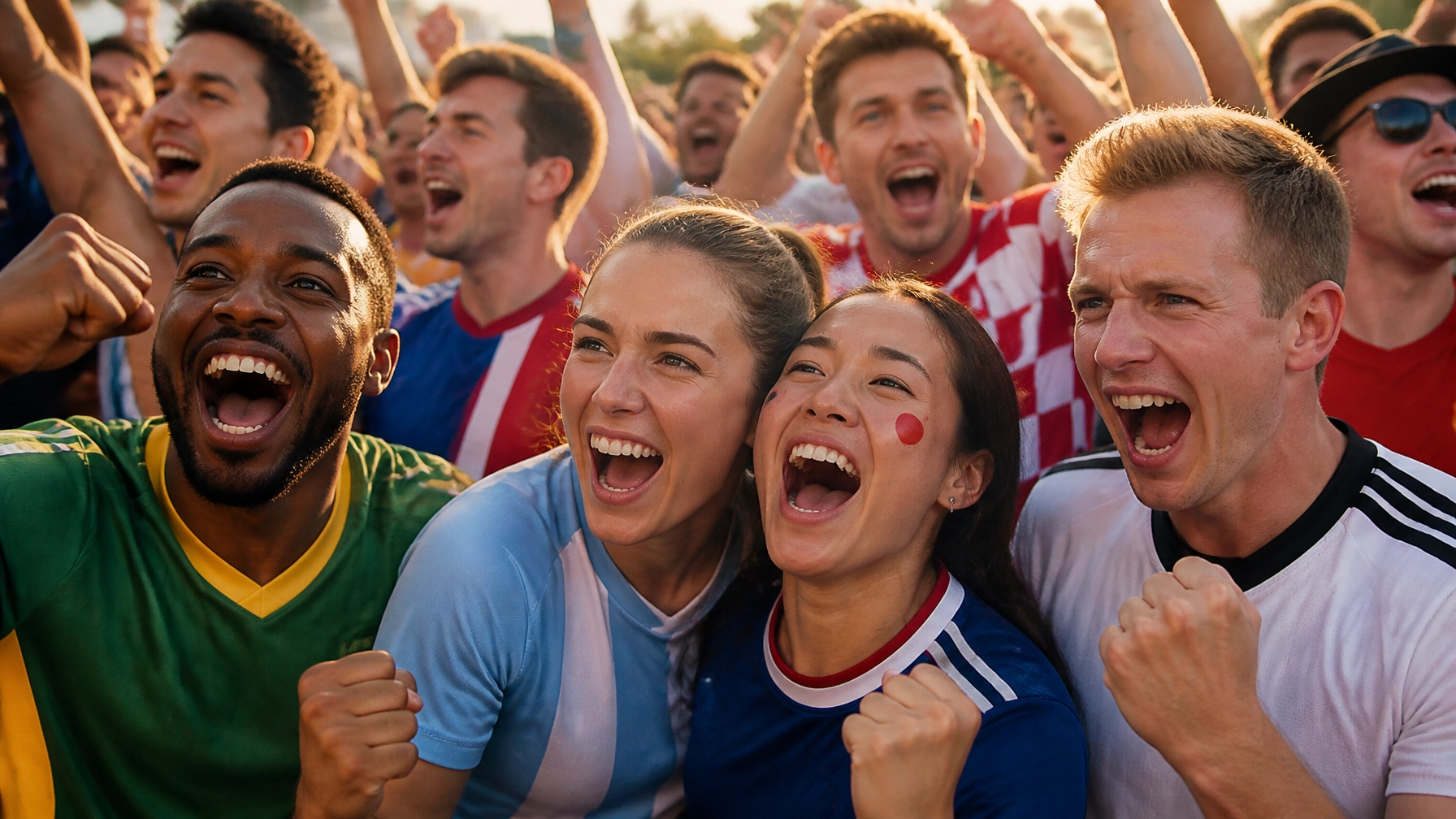 Emotionale Fans feiern gemeinsam in einer Fanzone unter freiem Himmel