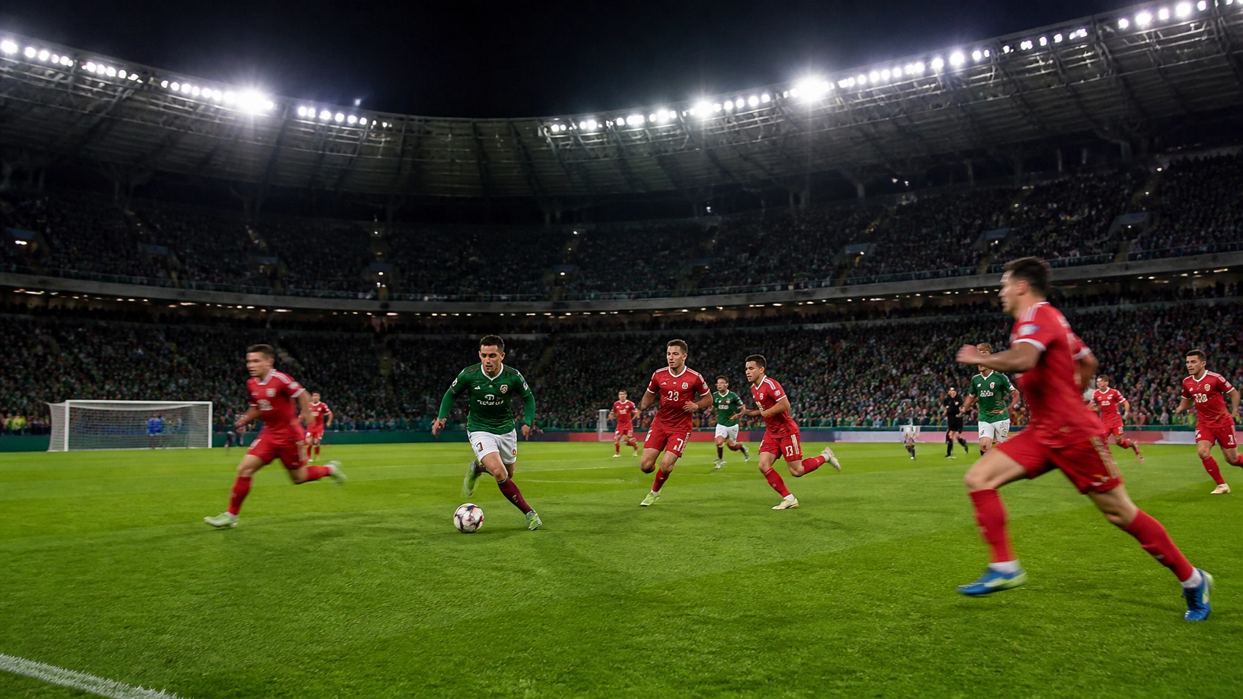 Ein Fußballstadion während eines Nachtspiels mit dynamischen Spielszenen