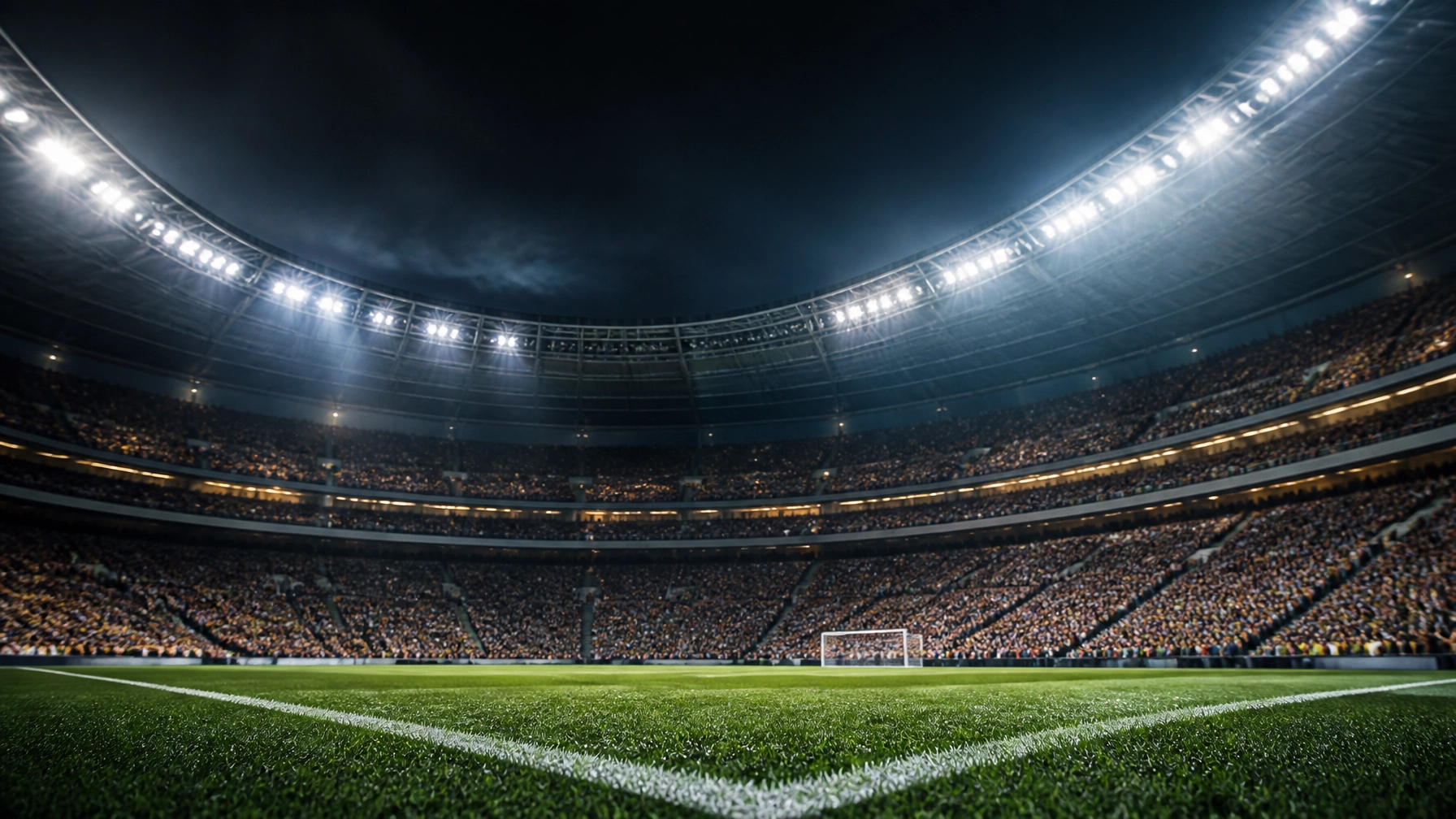 Atmosphäre in einem großen Fußballstadion bei Flutlicht