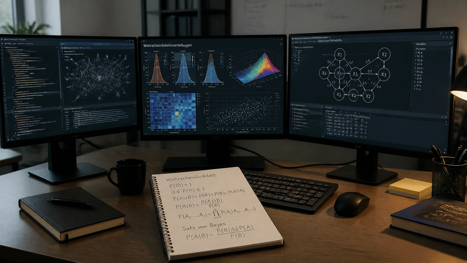 Arbeitsplatz eines Datenanalysten mit mehreren Monitoren und mathematischen Formeln