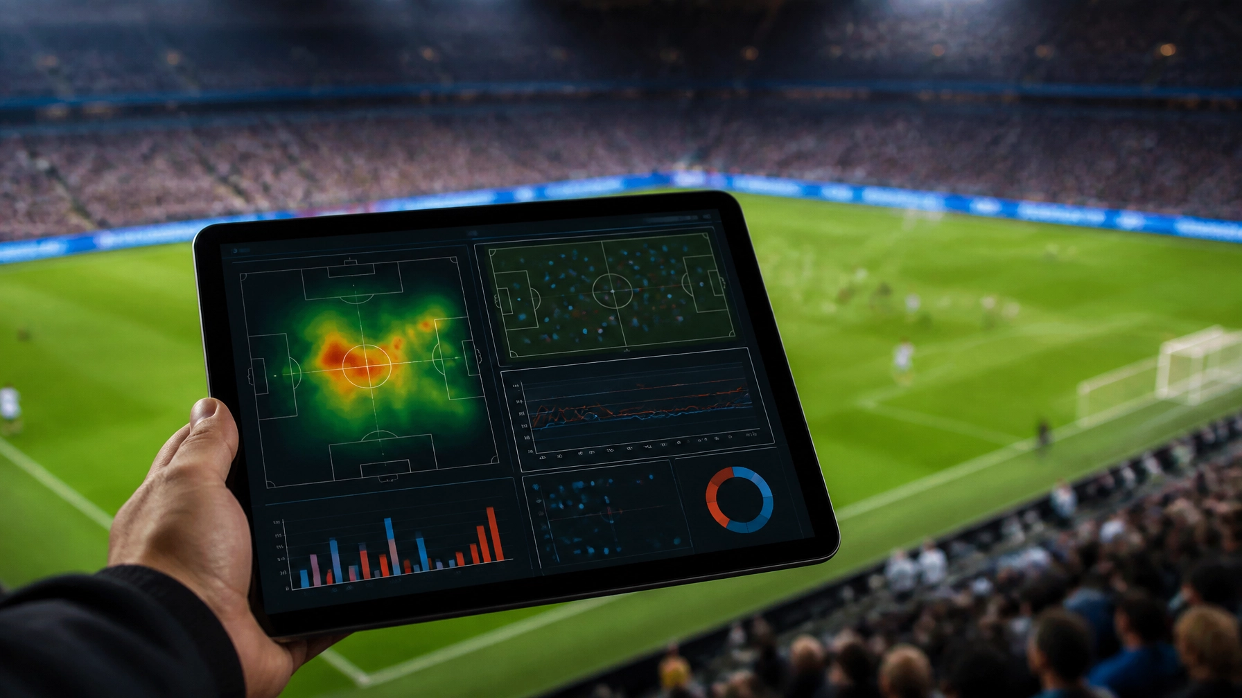 Ein Analyst betrachtet Fußballdaten auf einem digitalen Tablet