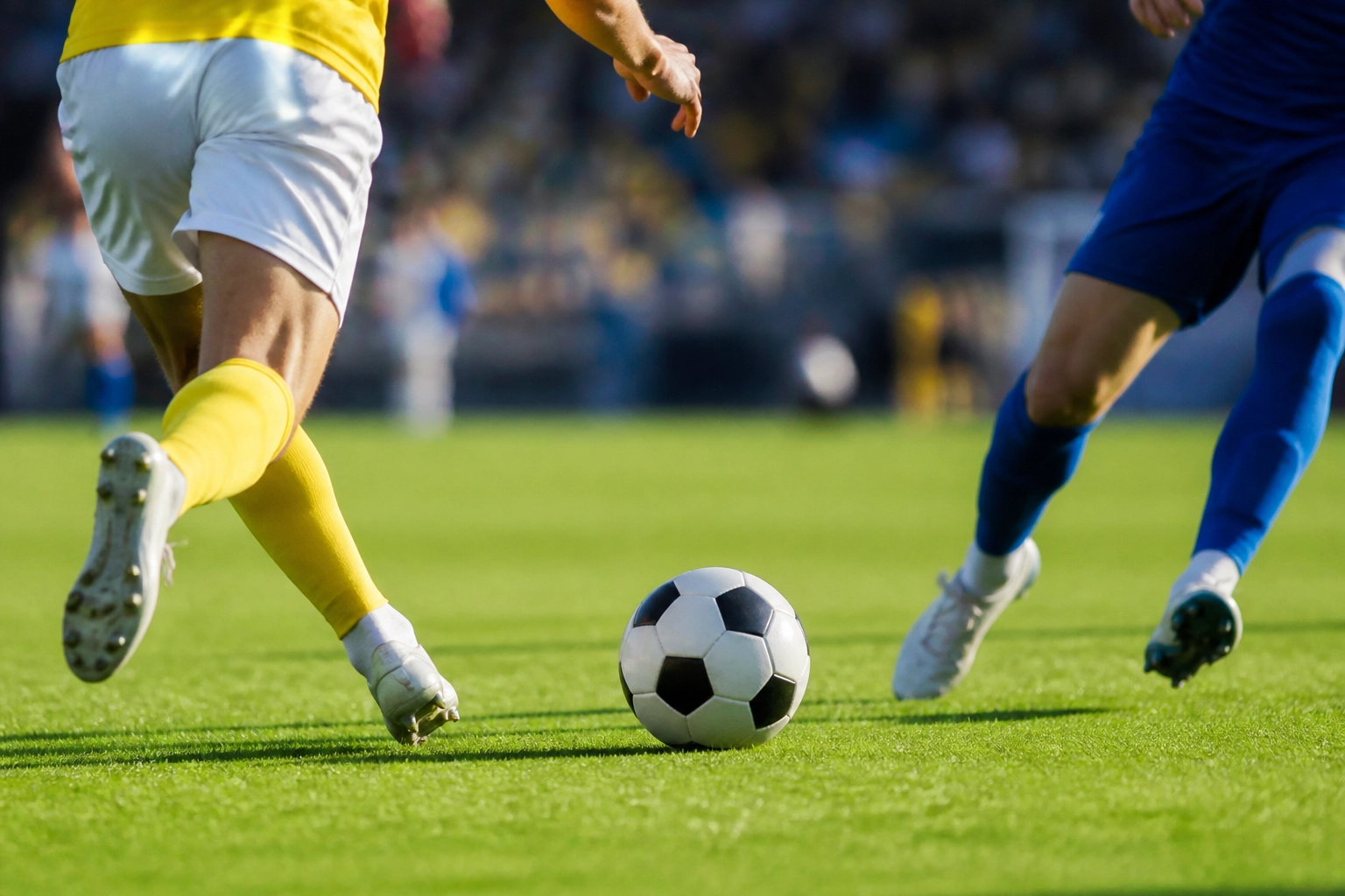 Fußballspiel in einem schwedischen Stadion bei Sonnenschein