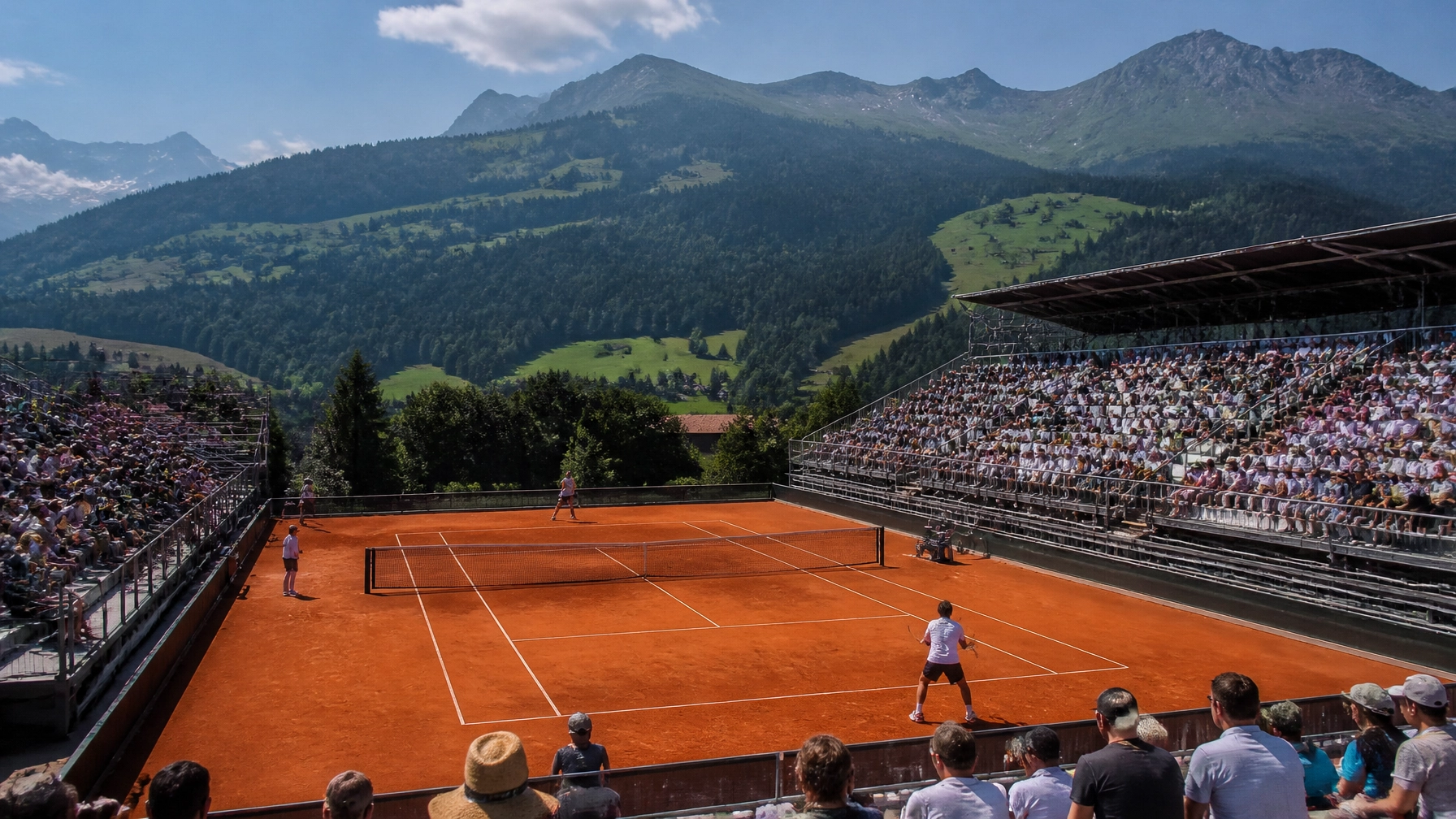 Der Center Court in Kitzbühel mit Blick auf die Alpen während eines ATP-Matches