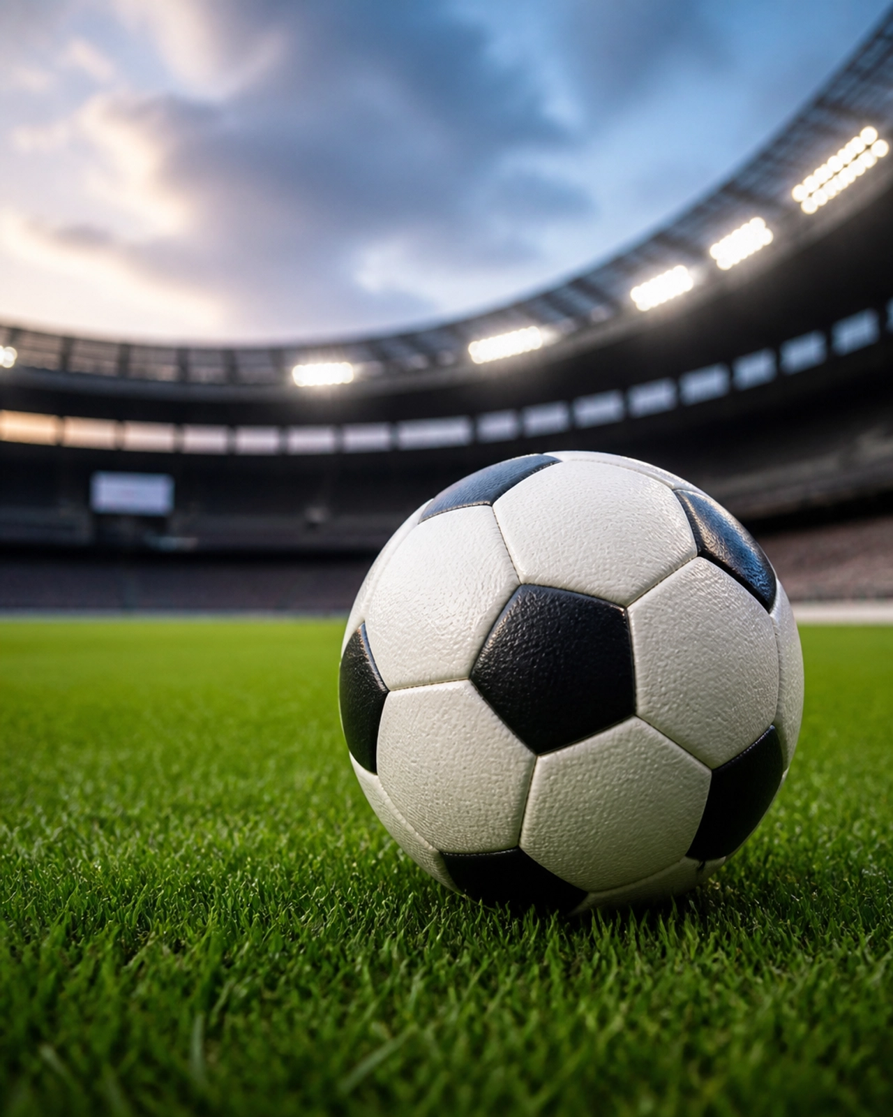 Ein Spielball auf dem Rasen eines WM-Stadions