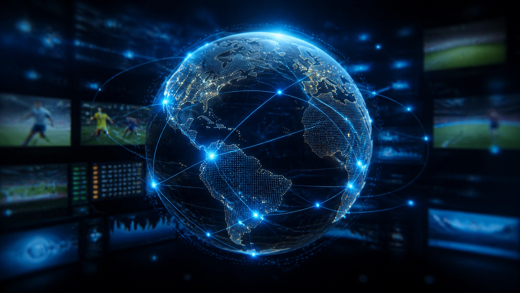 Abstrakte Darstellung von globalen Datenströmen und Analyse-Netzwerken