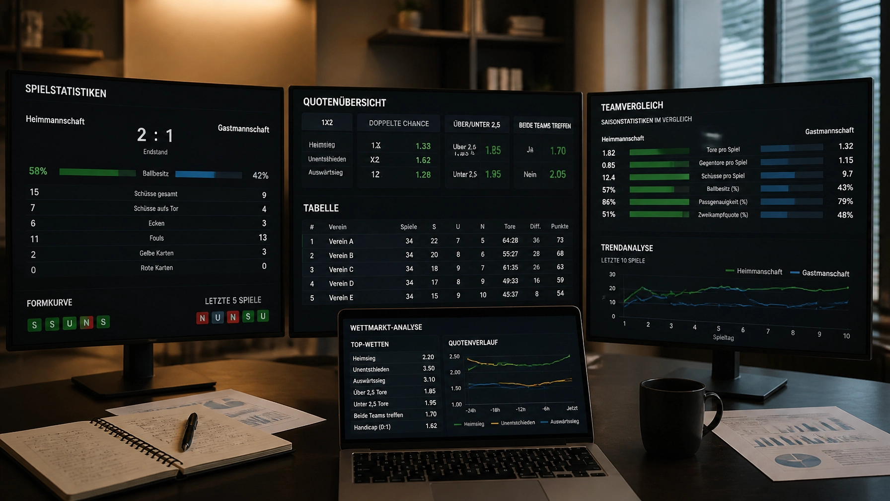Analysten-Arbeitsplatz mit Statistiken und Quoten auf Bildschirmen