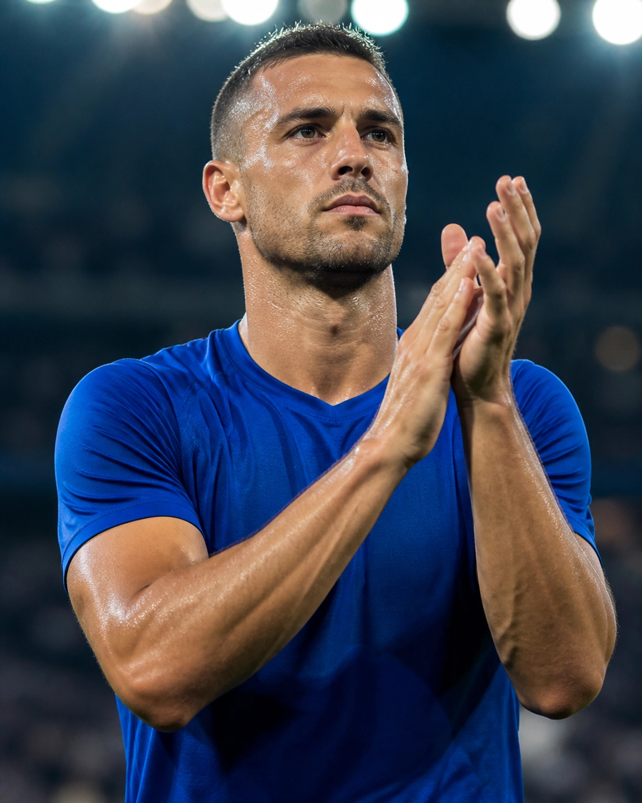 Erfahrener Profifußballer im blauen Trikot motiviert seine Mannschaft