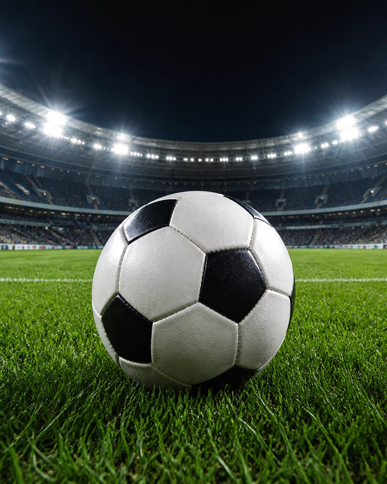 Ein Fußball auf dem Rasen eines Stadions unter Flutlicht