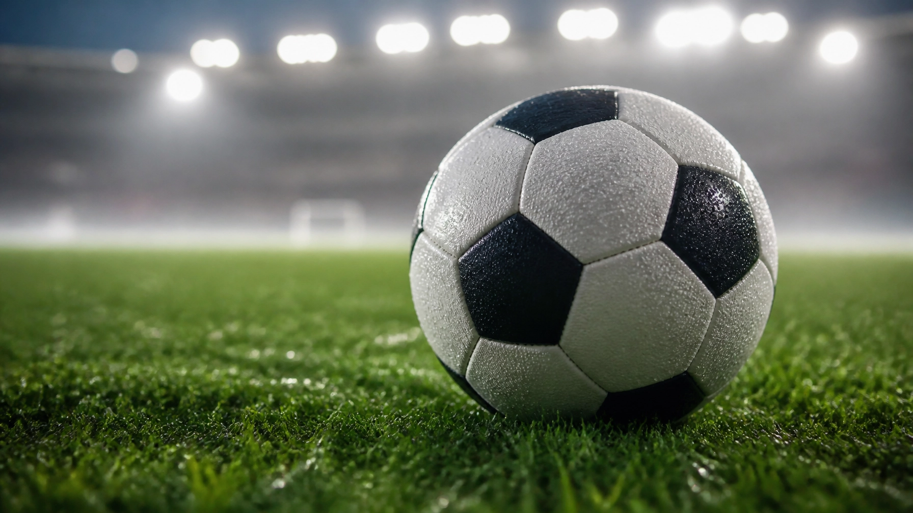 Ein Fußball auf dem Rasen im Licht der Stadionstrahler