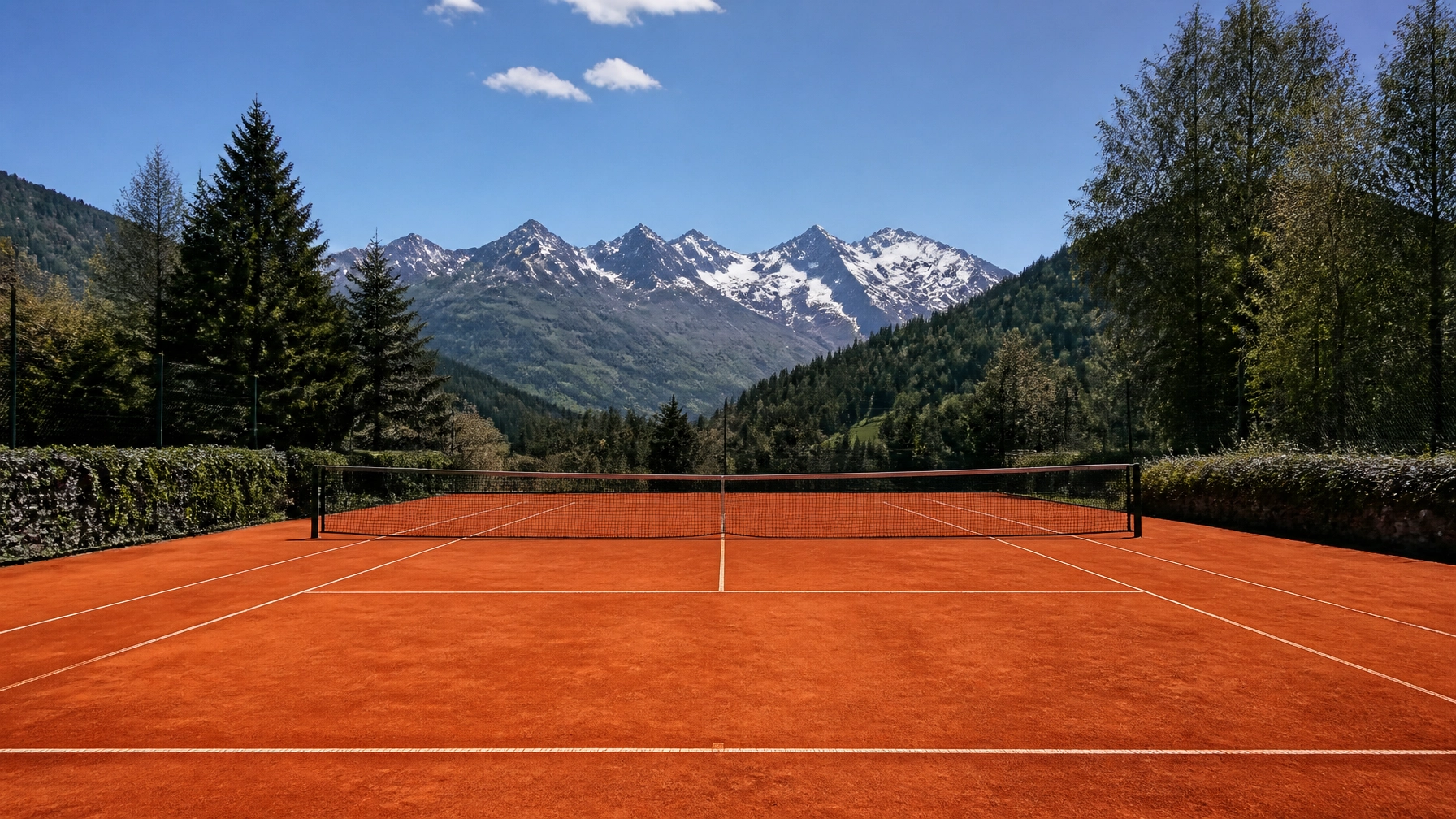 Ein professioneller Sandplatz in Gstaad vor alpiner Kulisse