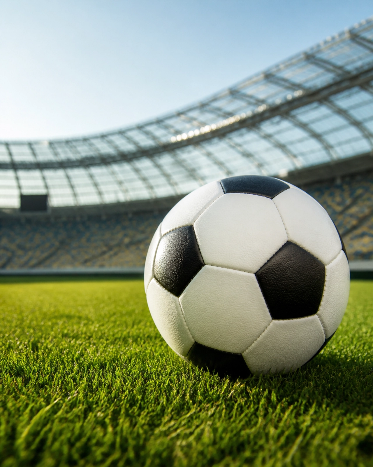 Nahaufnahme eines Fußballs auf grünem Rasen vor Stadionhintergrund