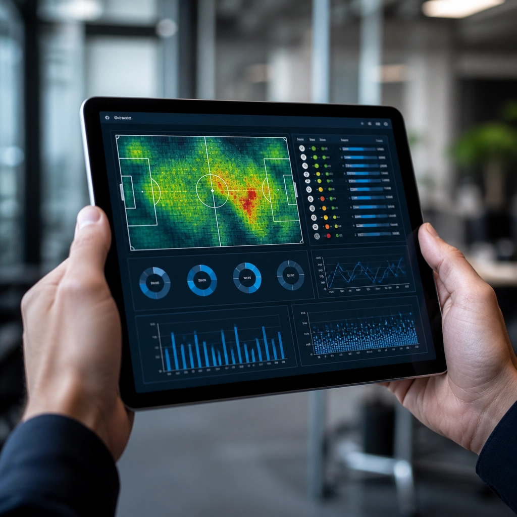 Hände halten ein Tablet mit Sportstatistiken und Diagrammen