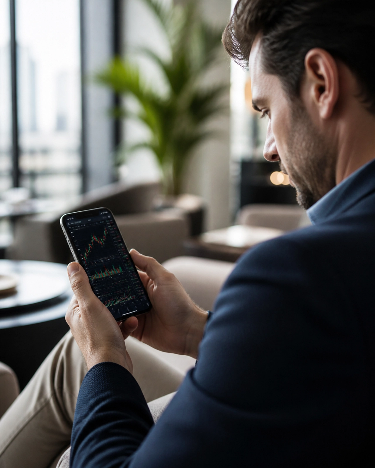 Ein Analyst prüft Markttrends auf einem Smartphone in moderner Umgebung