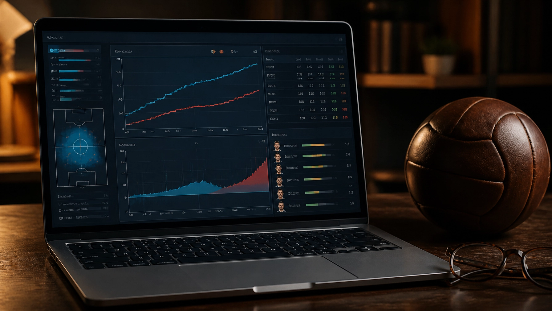 Analysedashboard auf einem Laptop mit Fokus auf statistische Kennzahlen und Fußballgrafiken