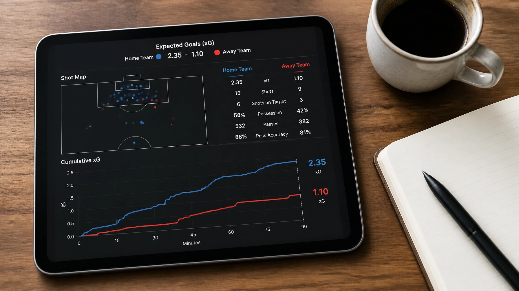 Detaillierte xG-Analyse auf einem Tablet zur Bestimmung von Siegwahrscheinlichkeiten