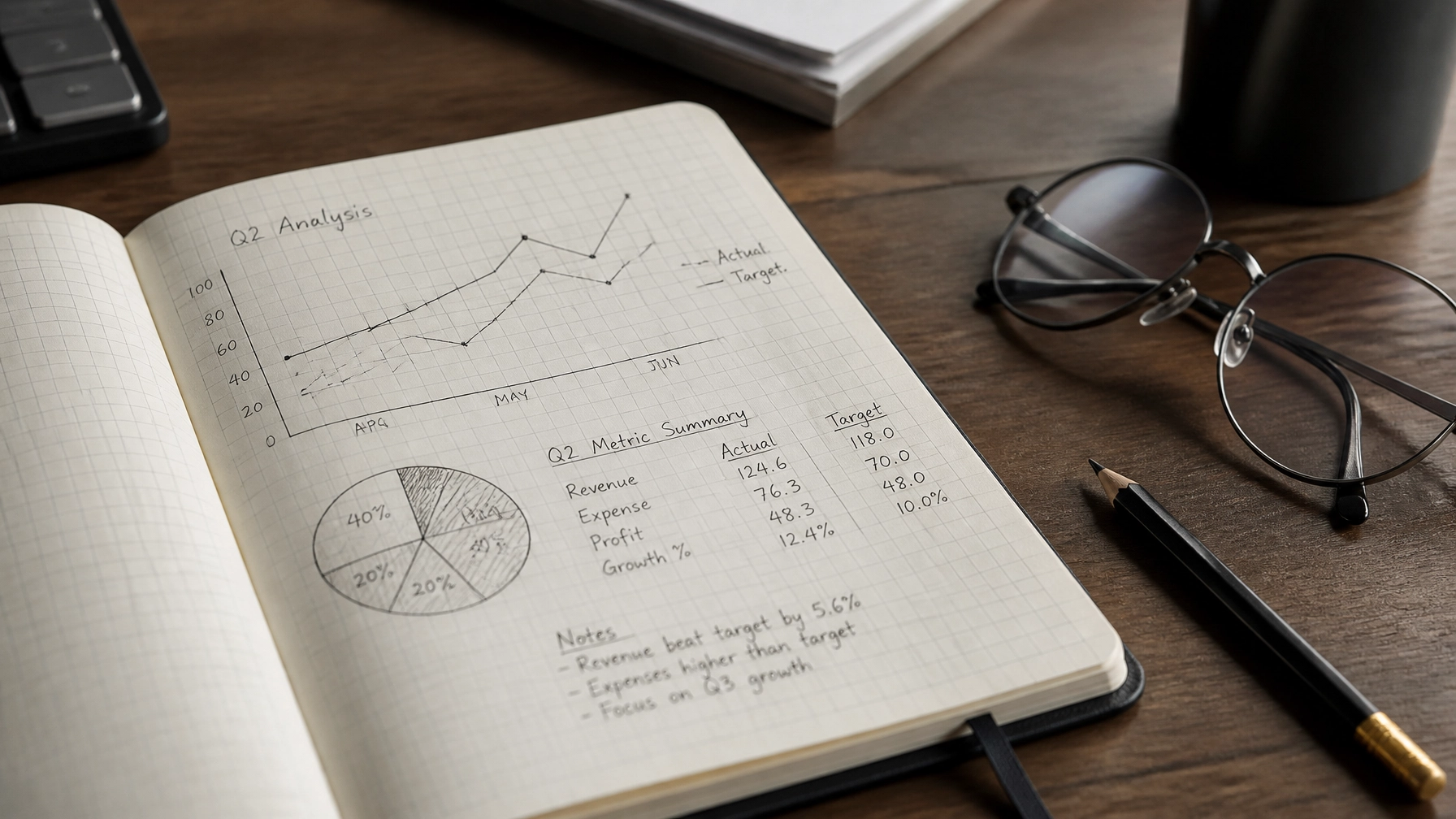 Notizbuch mit strategischen Diagrammen und Berechnungen auf einem Schreibtisch