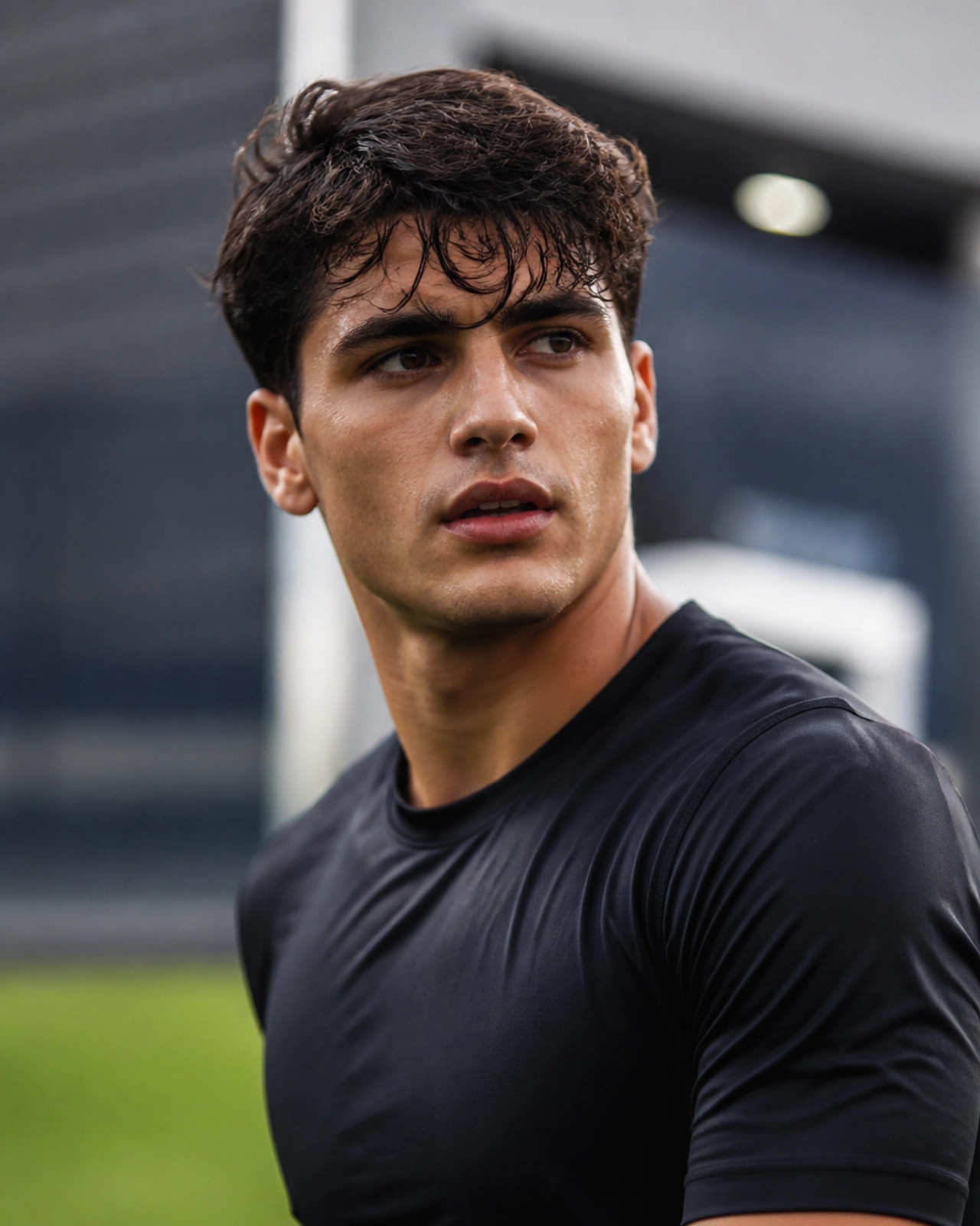 Ein junger Profifußballer fokussiert sich beim Training