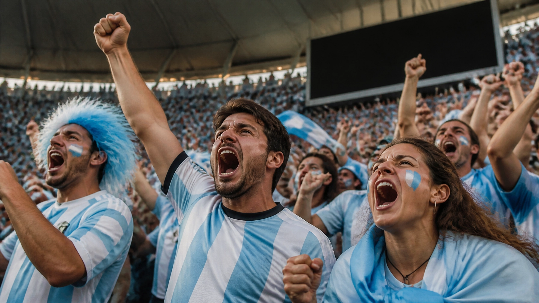 Leidenschaftliche Fans in hellblau-weißen Farben feiern im Stadion