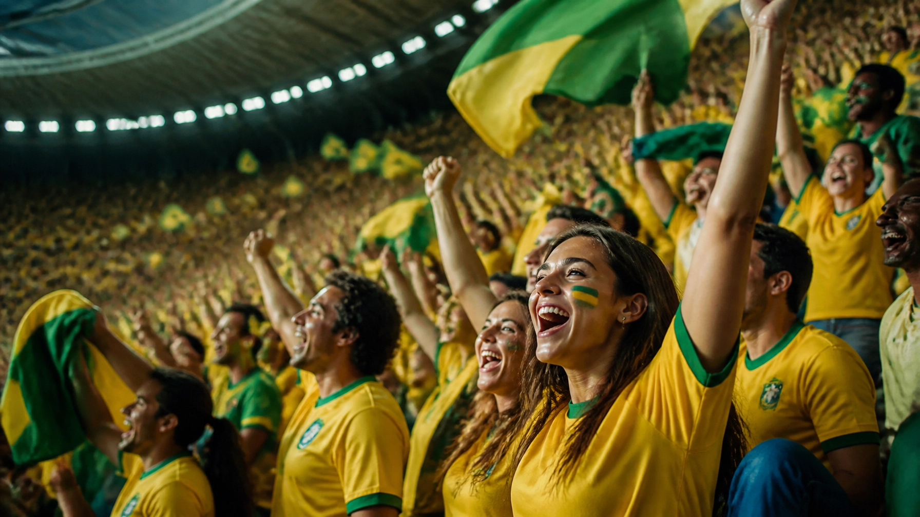 Brasilianische Fans feiern im Stadion die Atmosphäre des WM-Achtelfinales 2026.