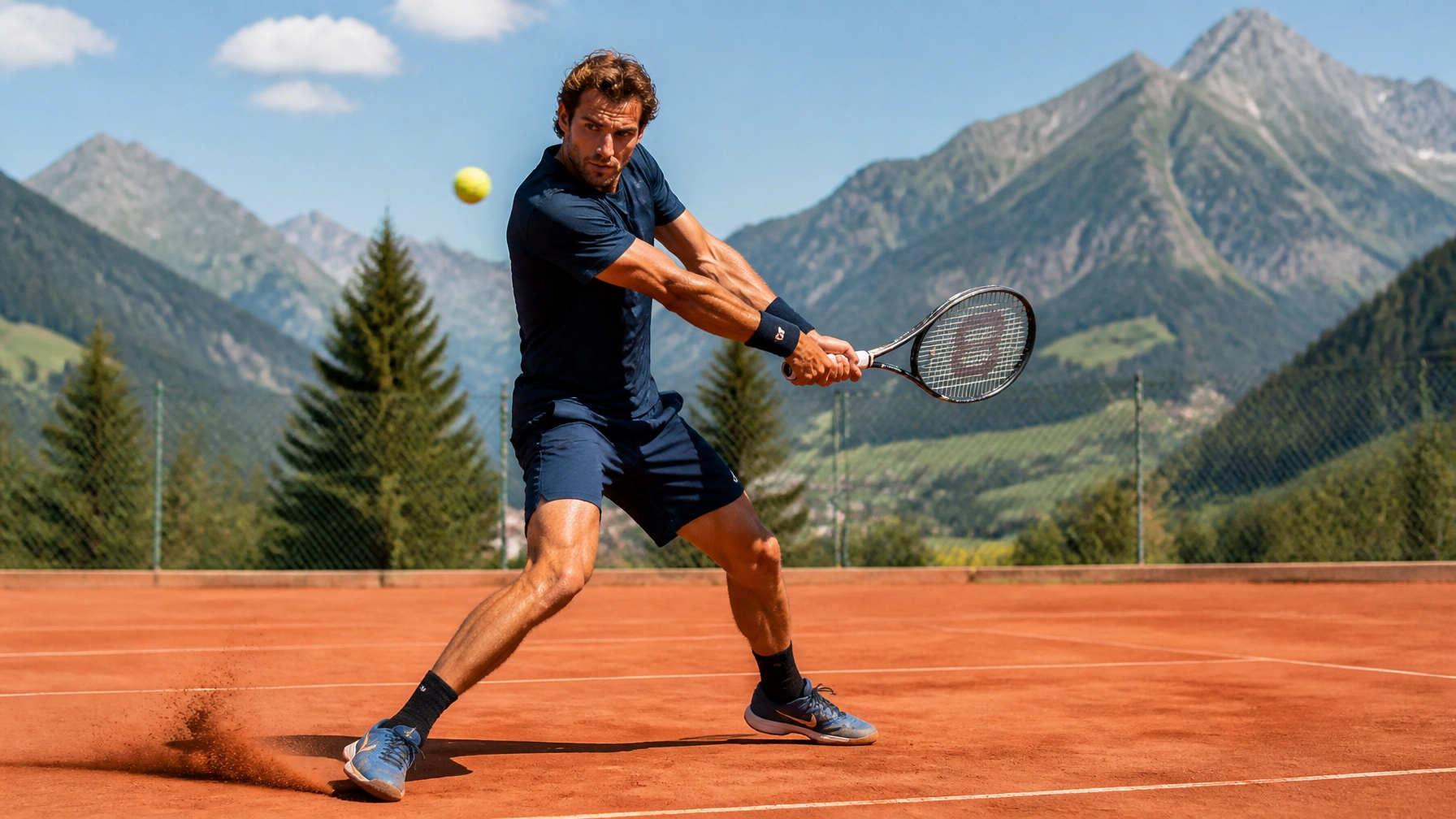 Ein Tennisprofi bei einer einhändigen Rückhand auf einem Sandplatz in Gstaad mit Bergen im Hintergrund.
