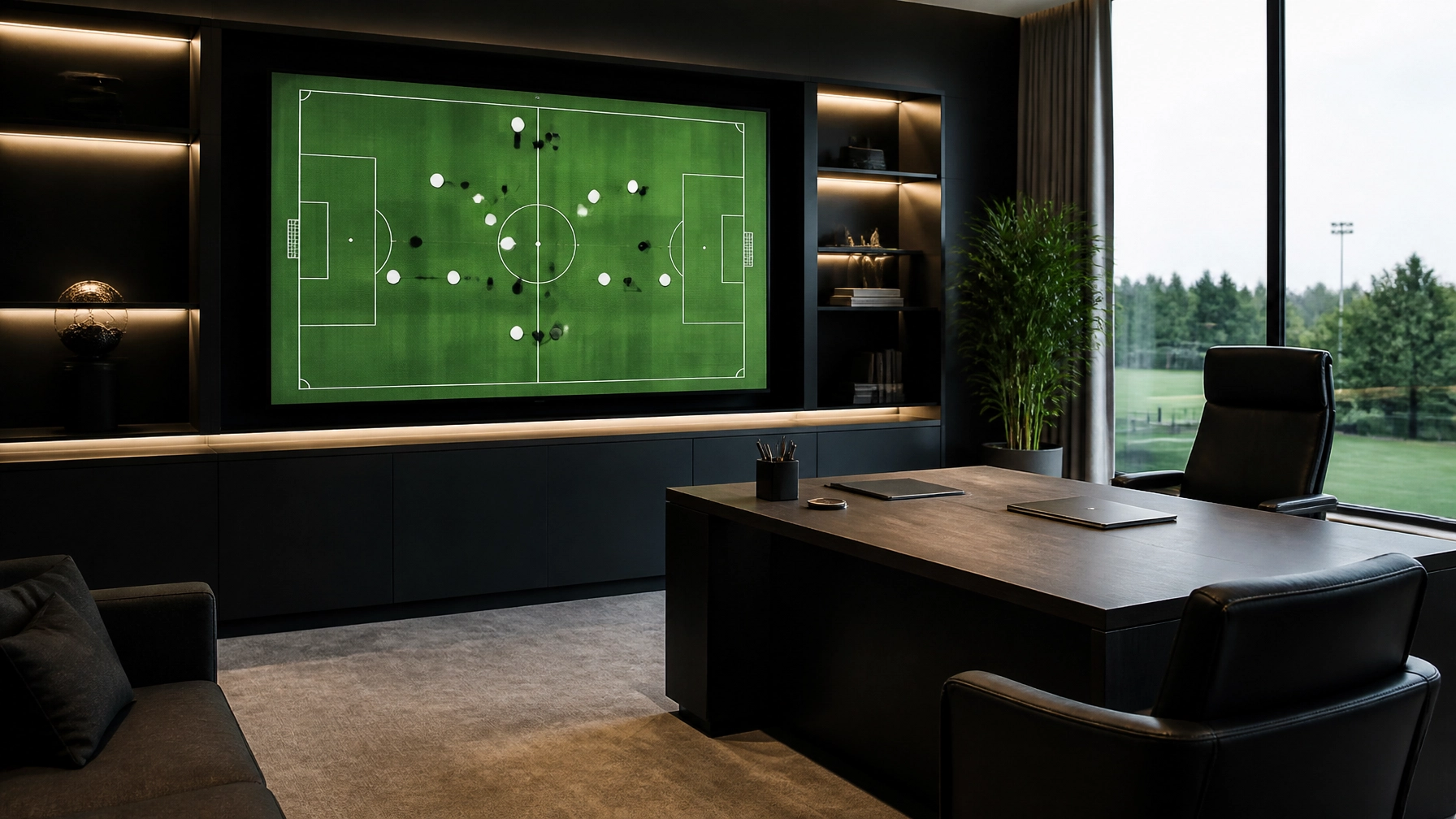 Taktische Besprechung auf einem Bildschirm zur Analyse der Spielzüge von Randers und Silkeborg