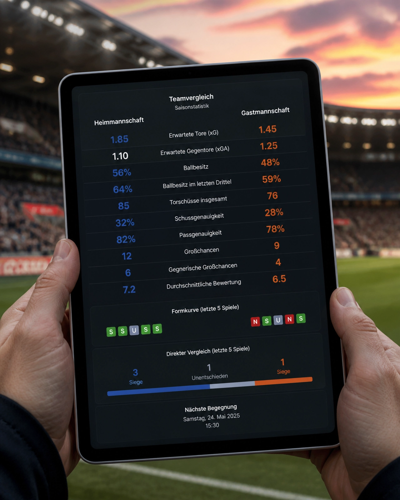 Detaillierte statistische Analyse von Fußballmetriken auf einem Tablet