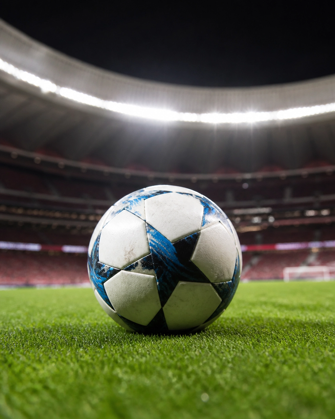 Ein Fußball auf dem Rasen eines WM-Stadions