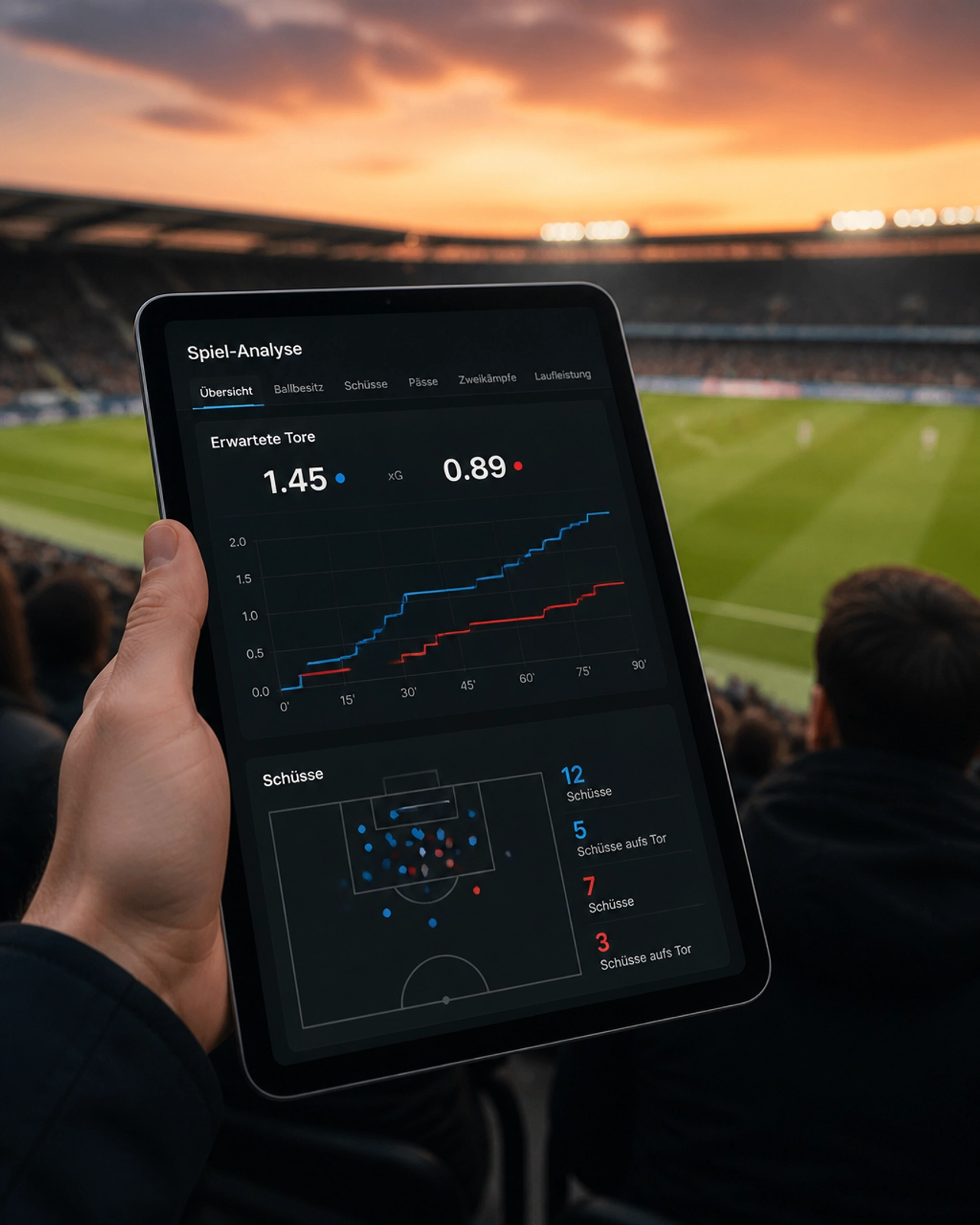 Analyst bewertet Spielstatistiken und Chancenqualität auf einem Tablet