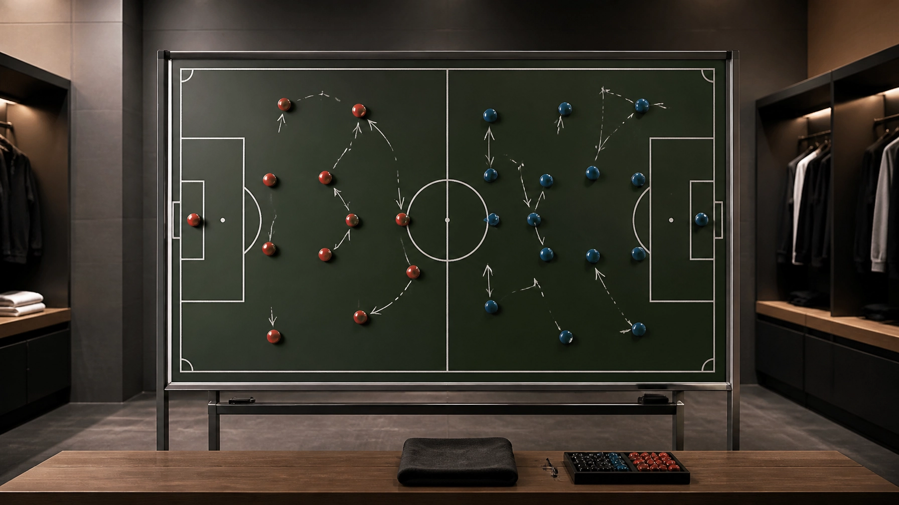 Taktische Darstellung eines Fußballspiels auf einem Whiteboard ohne Branding