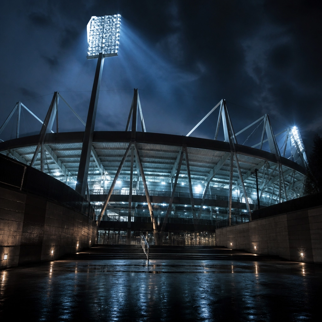 Ein modernes Stadion leuchtet in der Nacht zum Saisonstart der Premier League