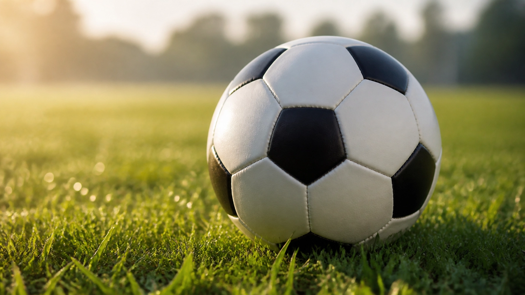 Ein Fußball liegt auf einem perfekten grünen Rasenfeld im Morgenlicht