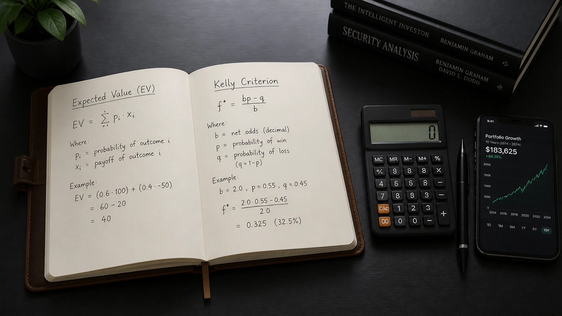 Arbeitsplatz mit Notizbuch, Kalkulator und mathematischen Formeln zur Einsatzsteuerung