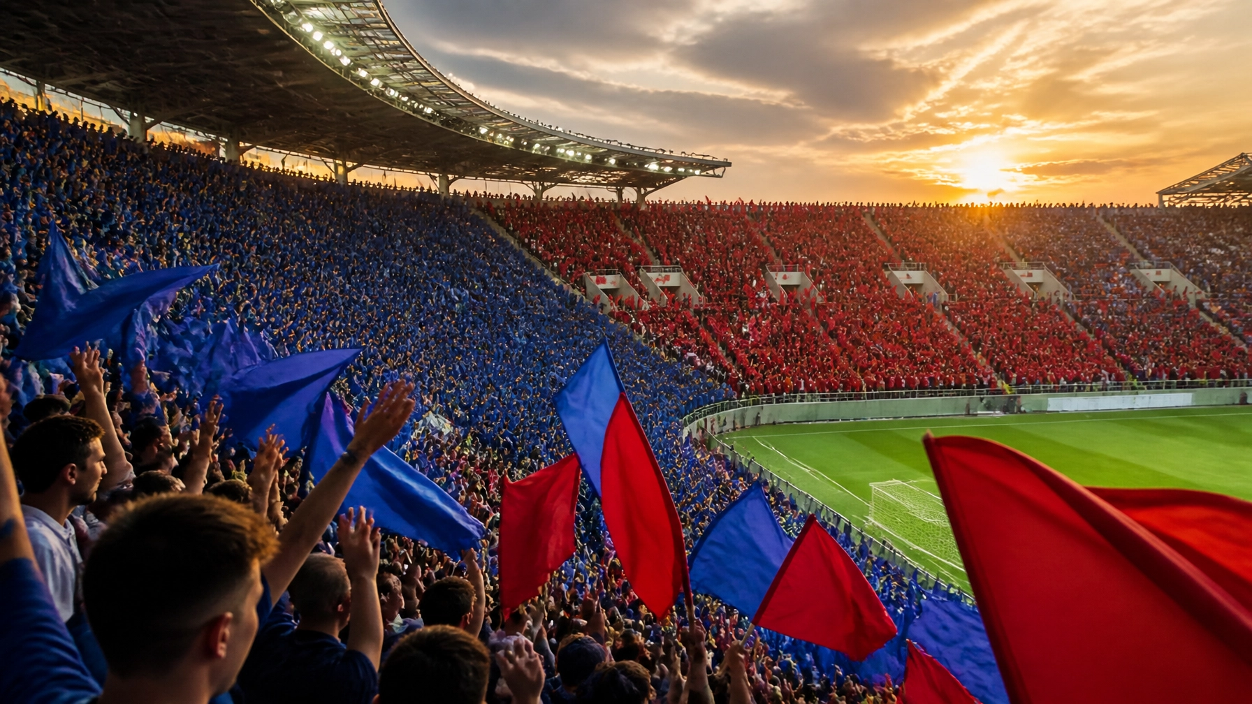 Fans im Stadion in den Farben Blau und Rot