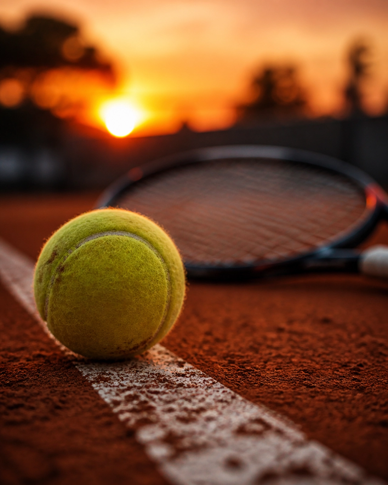 Ein Tennisball auf der Grundlinie eines Sandplatzes bei Sonnenuntergang in Umag