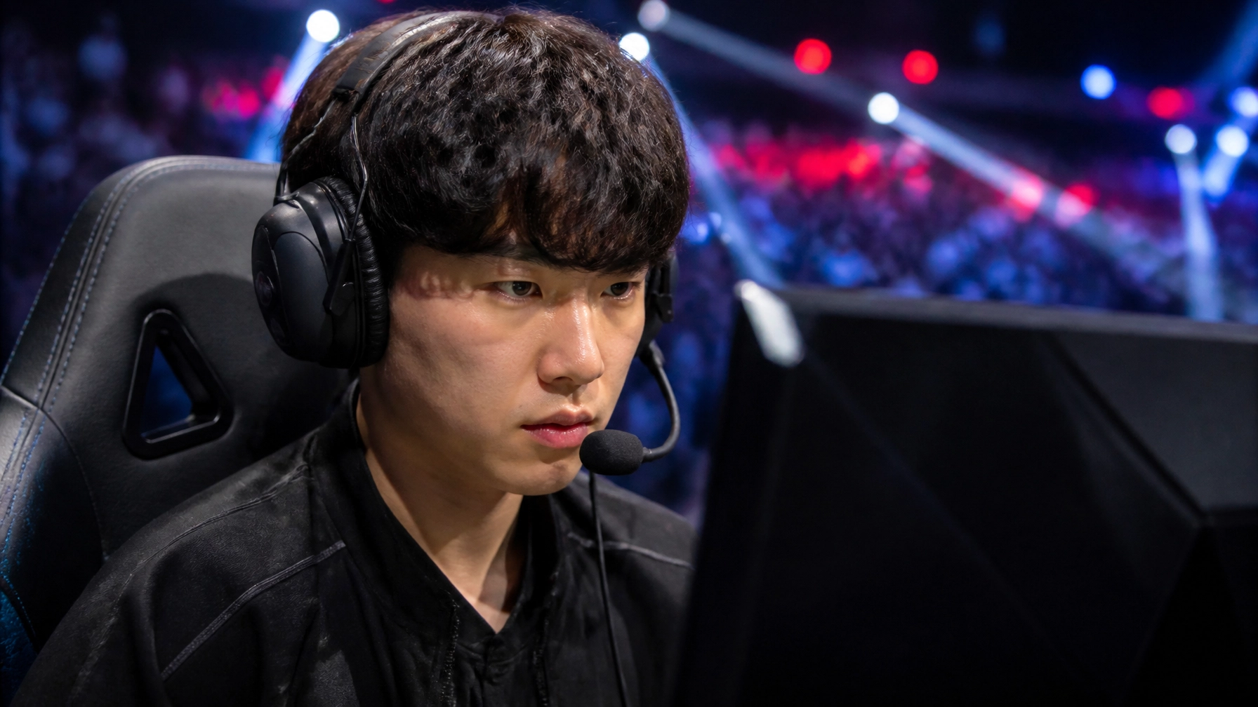 Ein professioneller E-Sports-Spieler konzentriert an seinem High-End-Setup während eines großen Finales.