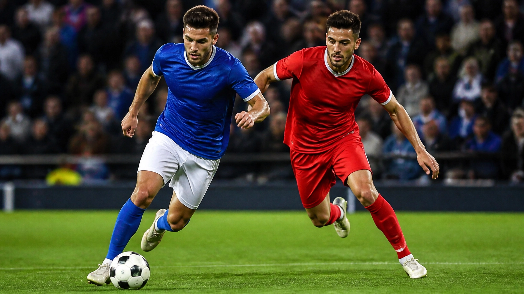 Intensiver Zweikampf zwischen zwei Spielern in Blau und Rot