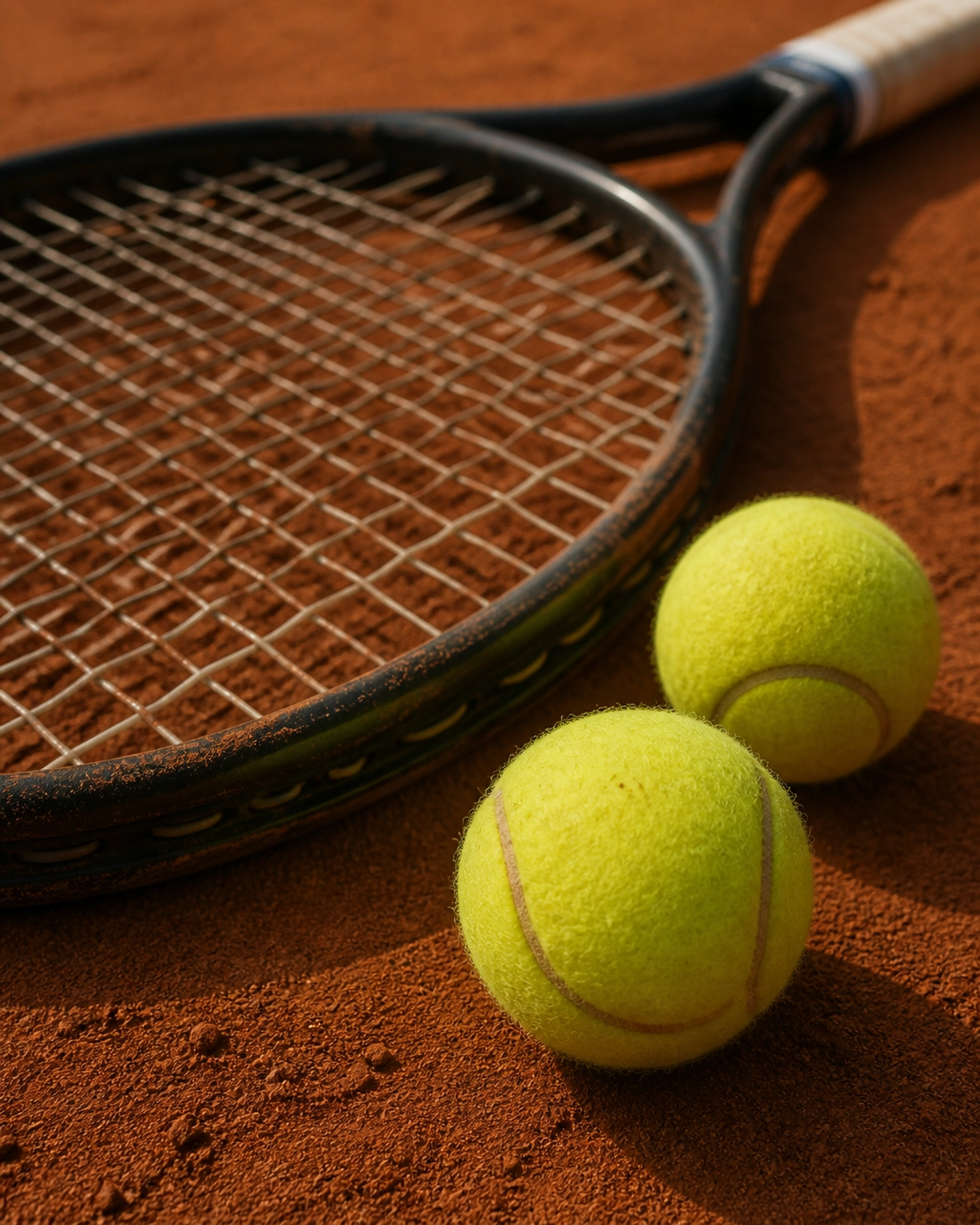 Detailaufnahme eines Tennisschlägers auf roter Asche