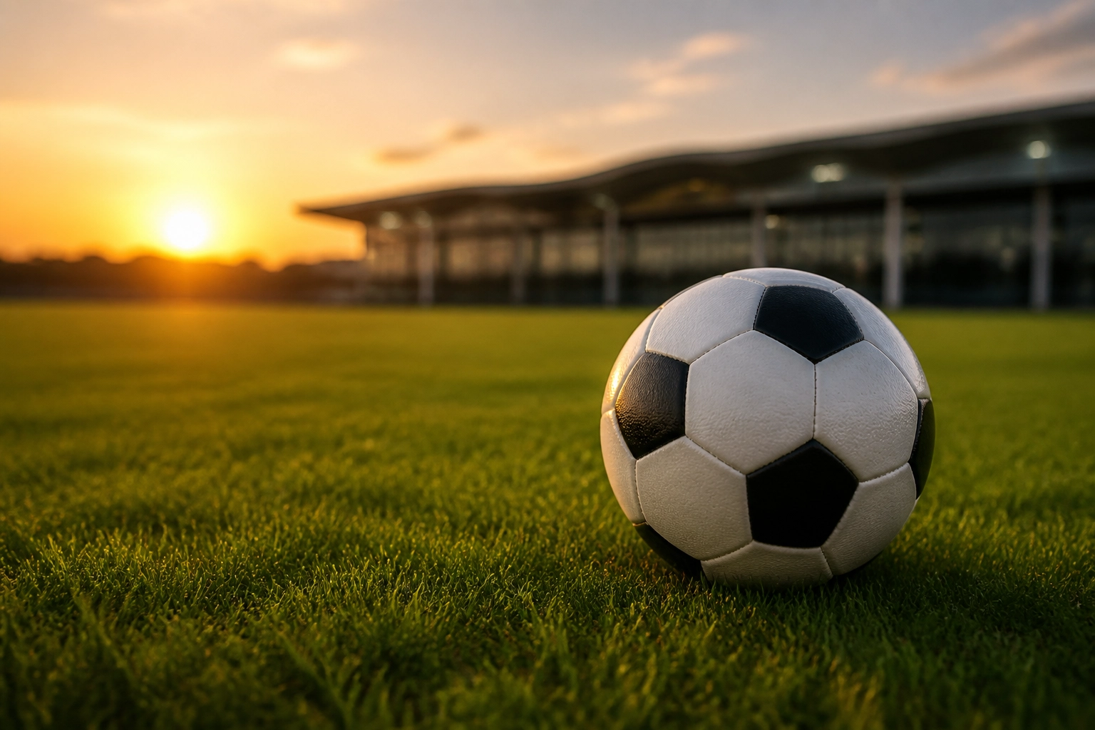 Fußball im Trainingstadion bei Sonnenuntergang
