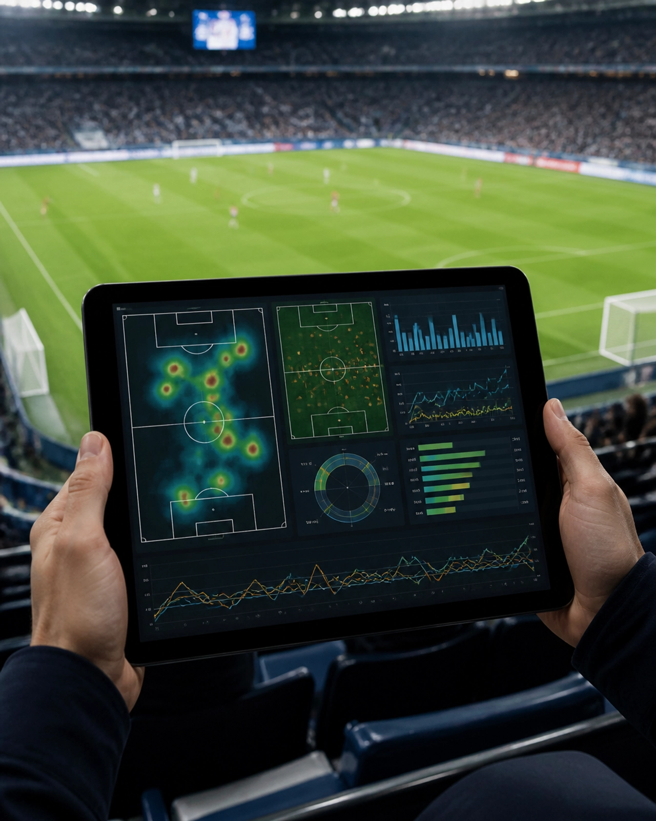 Tablet mit Analysedaten vor einer modernen Stadionkulisse