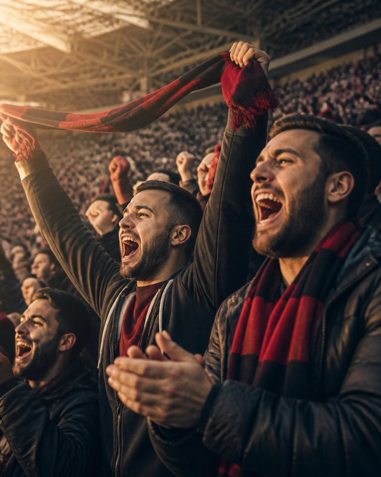 Leidenschaftliche Fans jubeln in einem sonnendurchfluteten Stadion