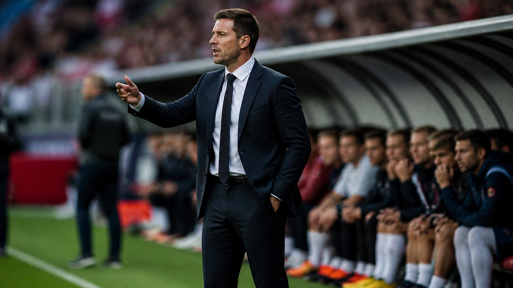Ein Fußballtrainer an der Seitenlinie gibt Anweisungen