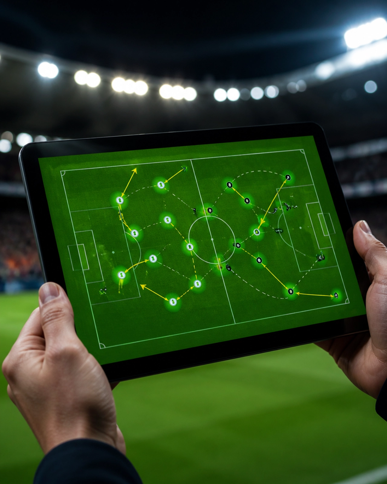 Taktische Analyse auf einem Tablet vor dem Hintergrund eines Fußballstadions