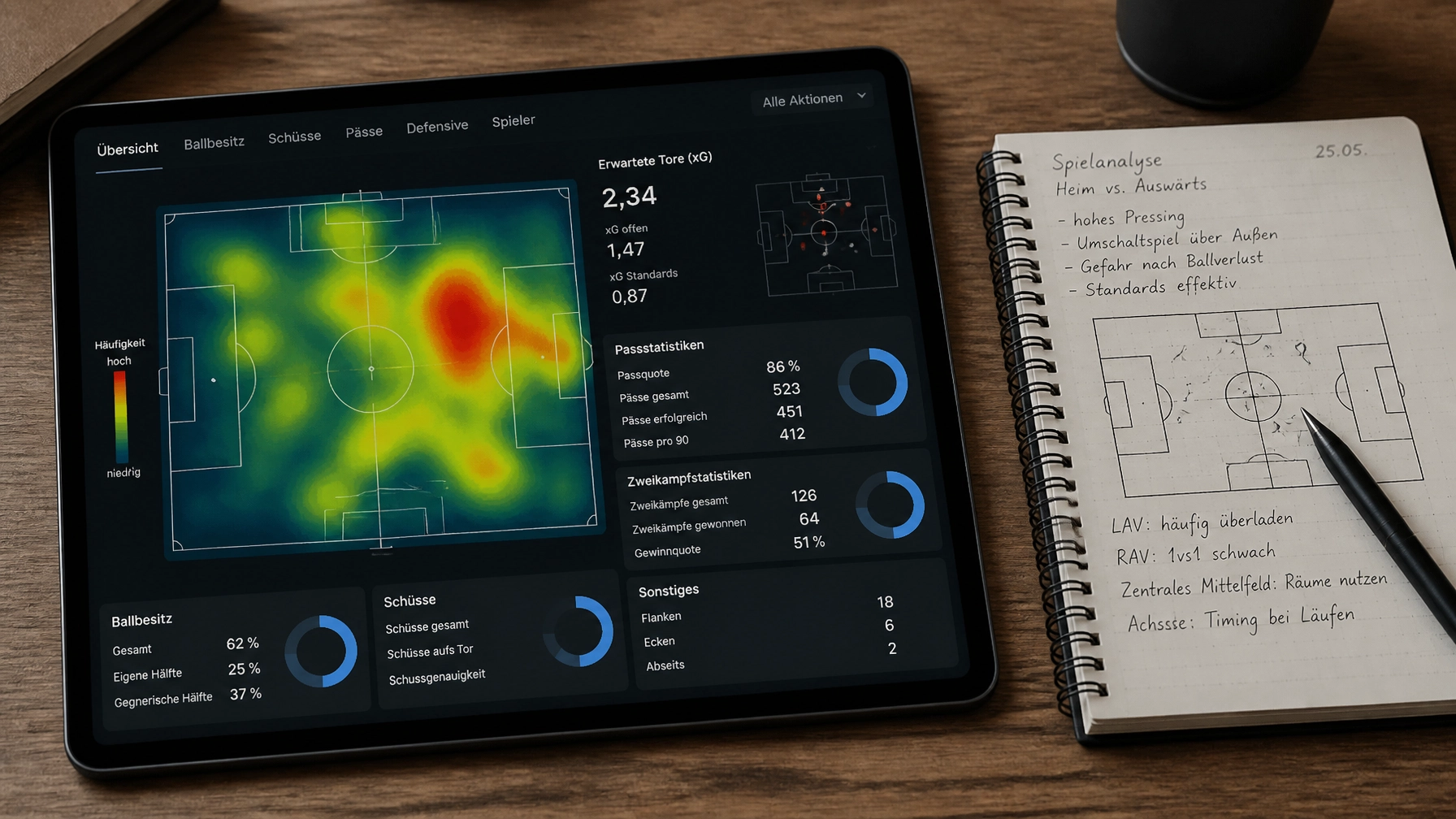Ein Tablet mit xG-Karten und statistischen Analysen auf einem Tisch