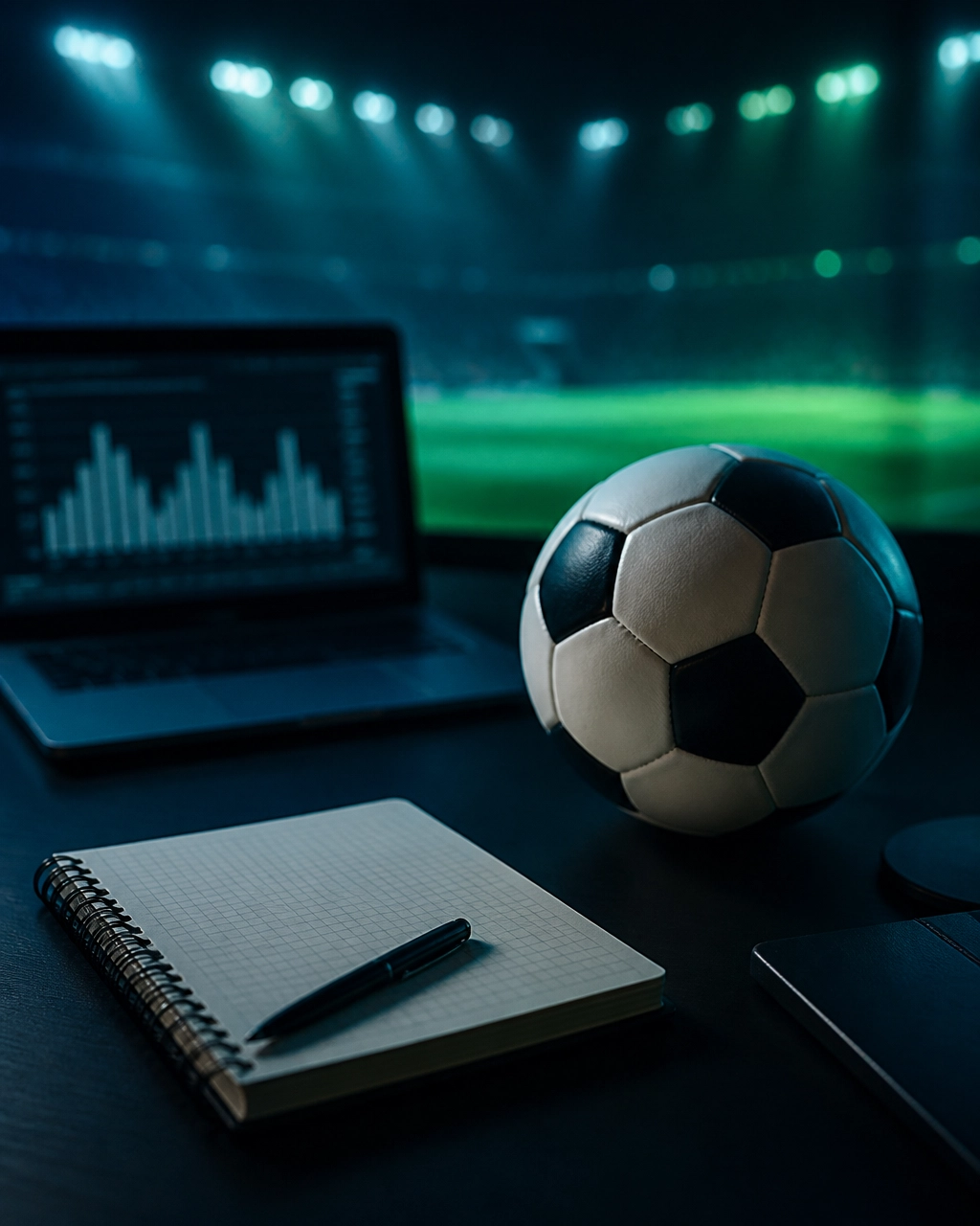 Neutraler Fußball und Datenanalyse auf einem Schreibtisch vor einem großen Spiel